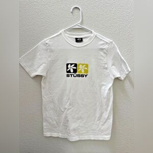 Stussy White Tee with Brown and Yellow Graphic, Men’s XS